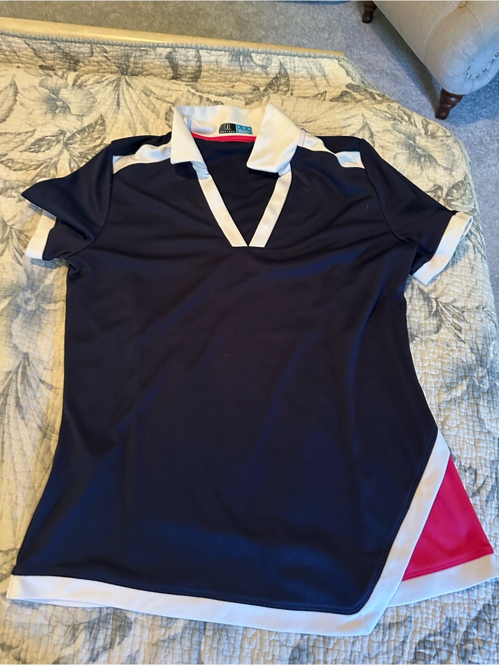 PGA Tour Navy Polo Top with White Trim and Pink Accent